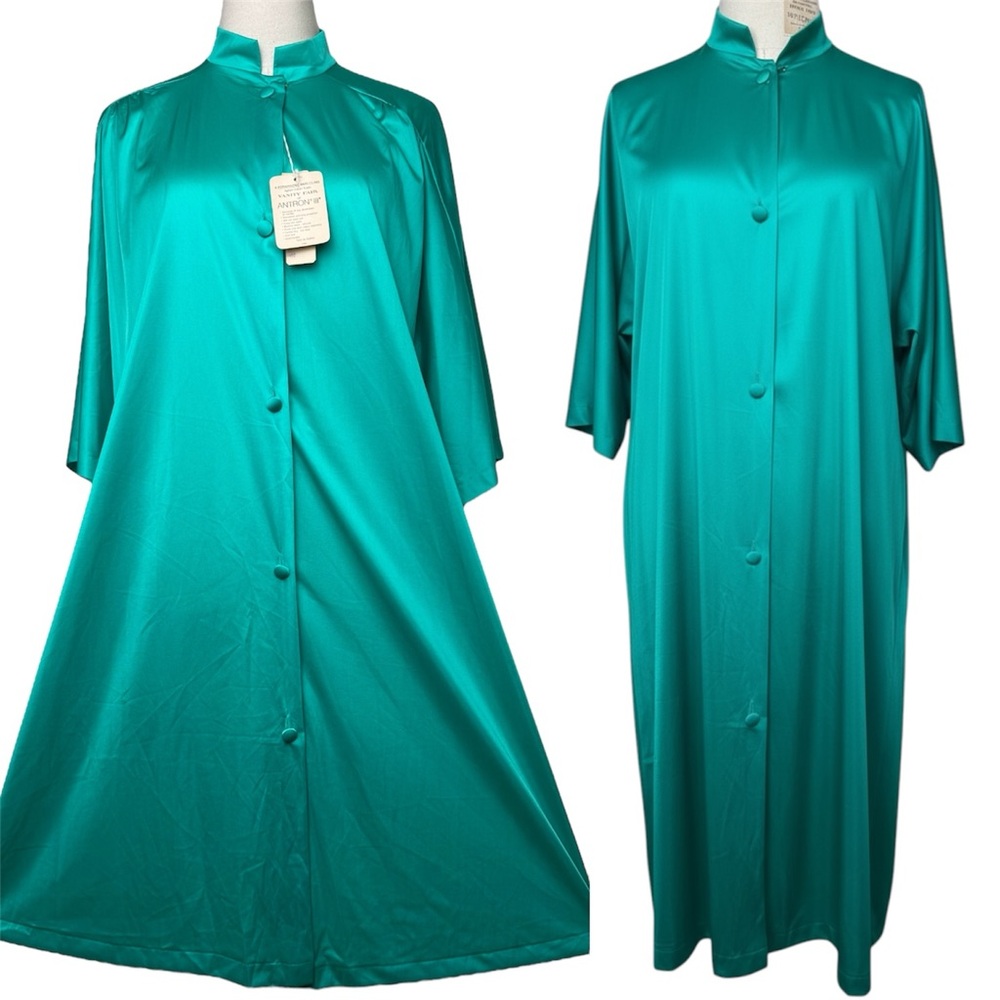 Vanity Fair Robe Jungle Jade Green Nylon Vintage Mandarin Collar Size Large